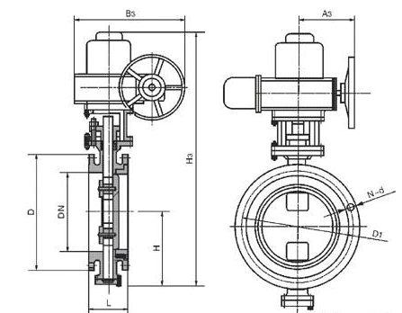 船用雙偏心型電動帶手動操作蝶閥結(jié)構(gòu)圖